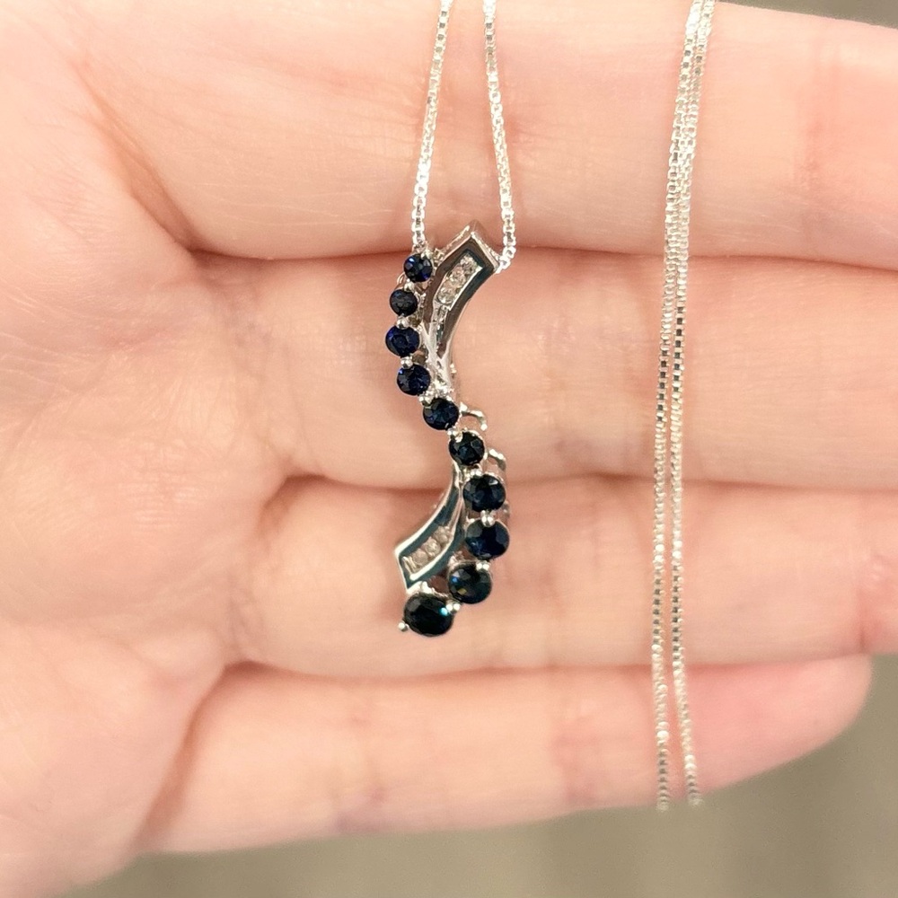 10K Sapphire Diamond Journey channel swirl natural dark blue white gold pendant - Picture 7 of 11